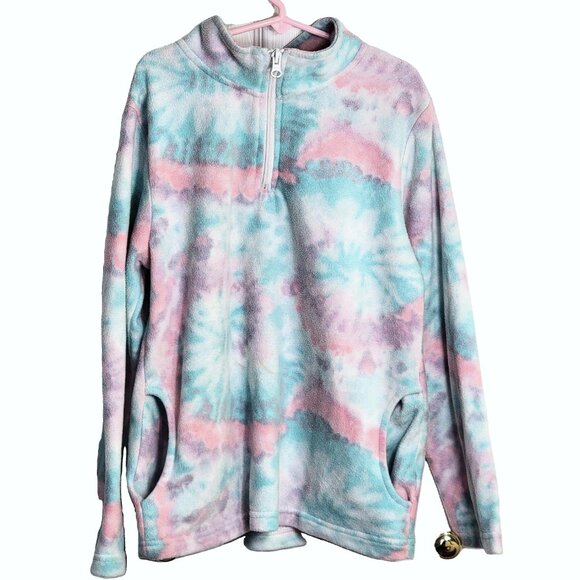 btween Tie Dye Fleece Pullover Sweatshirt 1/4 Zip Long Sleeve Pink Blue 10 - Picture 2 of 11